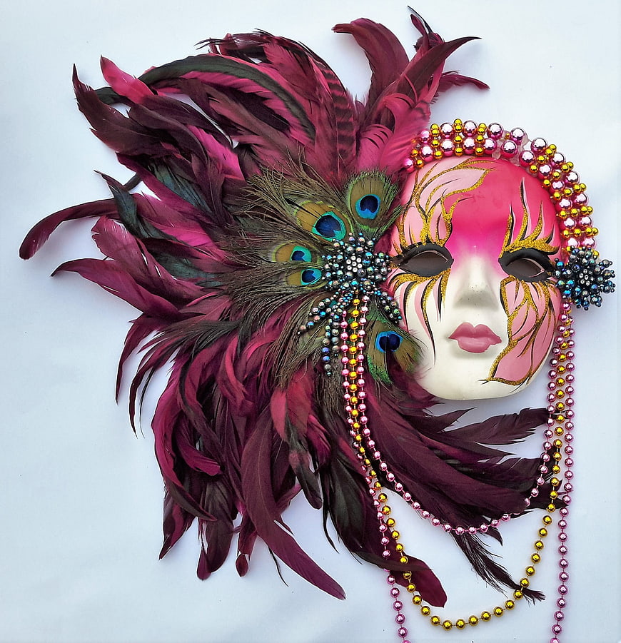 Ornate Pink and Purple Mardi Gras Masquerade Mask with Feathers