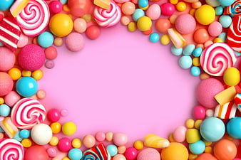 Colorful Candy Border on Pink Background with Lollipops