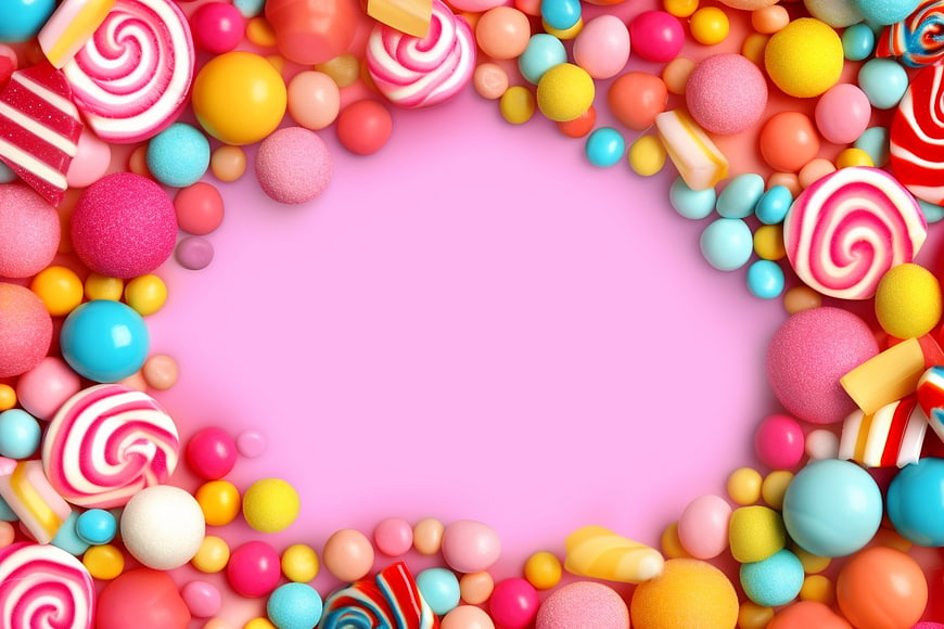 Colorful Candy Border on Pink Background with Lollipops