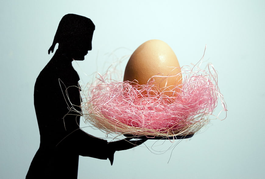 Silhouette of woman holding Easter egg in pink nest