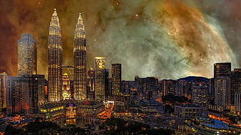 Kuala Lumpur Skyline with Surreal Galaxy Sky
