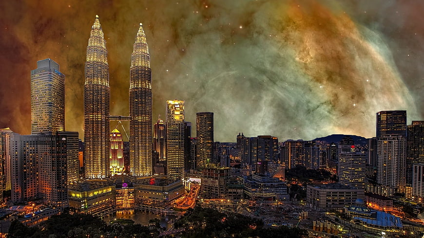 Kuala Lumpur Skyline with Surreal Galaxy Sky