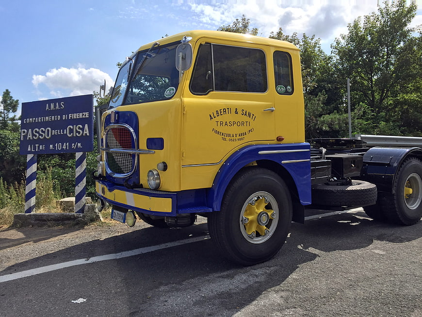 Vintage yellow and blue Fiat truck at Passo della Cisa