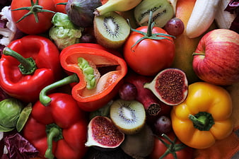Vibrant Fresh Fruit And Vegetable Flat Lay With Red Peppers And Figs