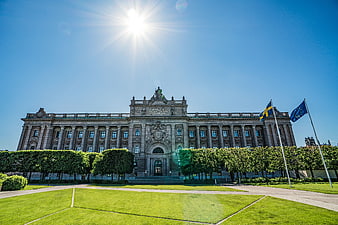Nobel Prize Museum Stockholm Architecture with Swedish and EU Flags