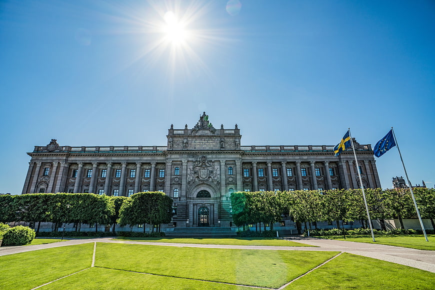Nobel Prize Museum Stockholm Architecture with Swedish and EU Flags