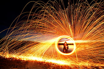 Steel Wool Light Painting with Spinning Sparks at Night