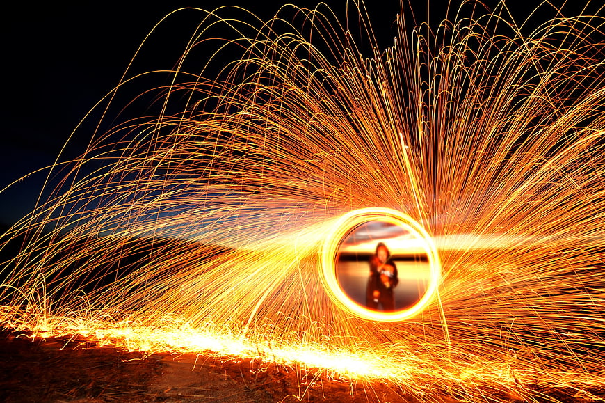 Steel Wool Light Painting with Spinning Sparks at Night