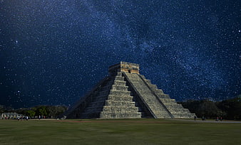 Chichen Itza Pyramid Under Milky Way Starry Night Sky