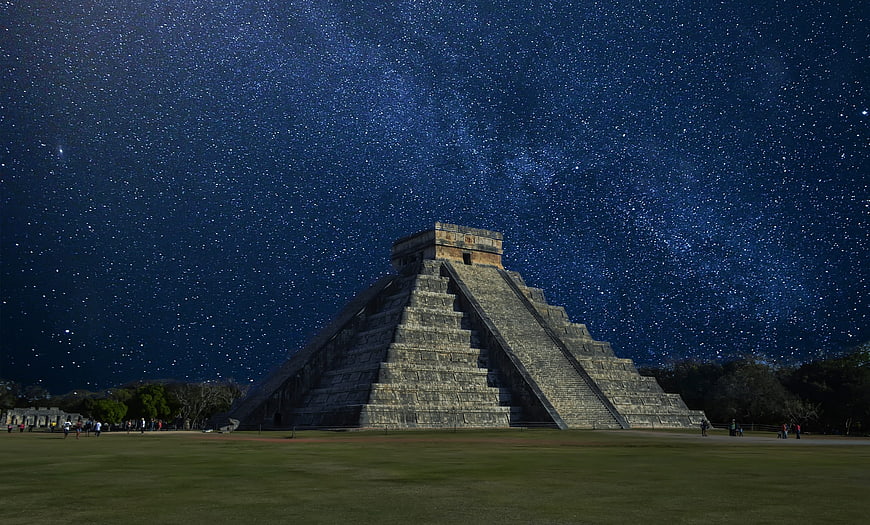 Chichen Itza Pyramid Under Milky Way Starry Night Sky