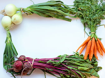 Fresh vegetables border frame on white background