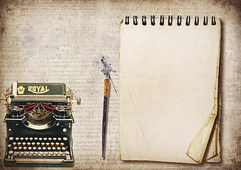 Vintage Royal Typewriter, Fountain Pen, and Blank Notepad on Textured Paper