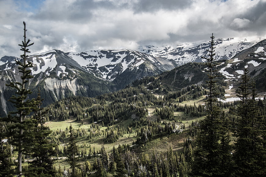 Snow-capped mountain range with evergreen forest and cloudy sky