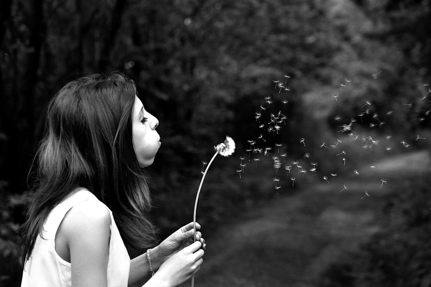Woman Blowing Dandelion Seeds in Black and White
