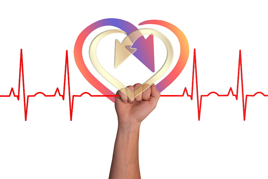Hand holding heart shape with medical pulse line