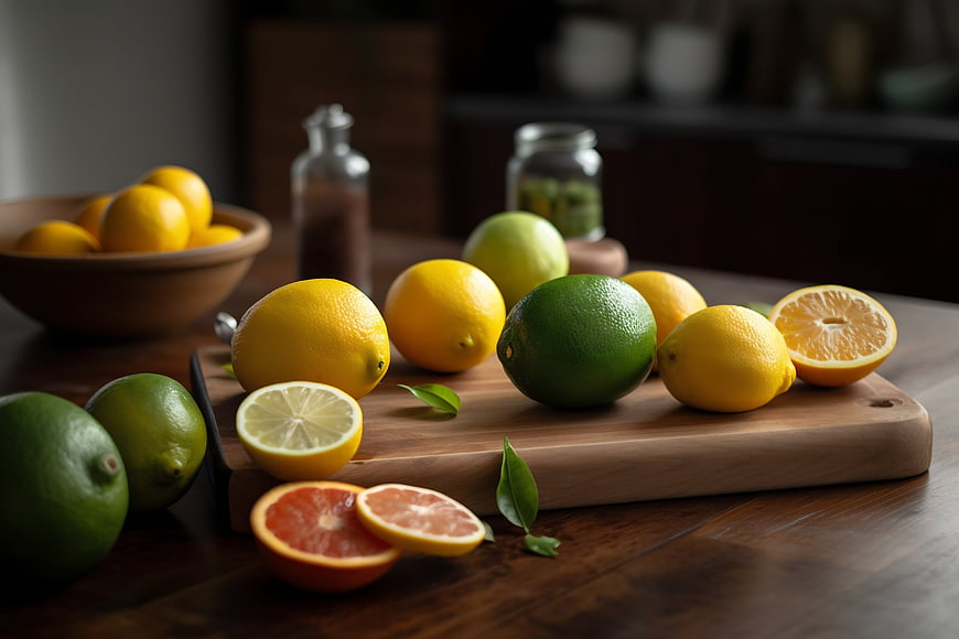 Fresh Lemons, Limes, and Grapefruit on Wooden Cutting Board