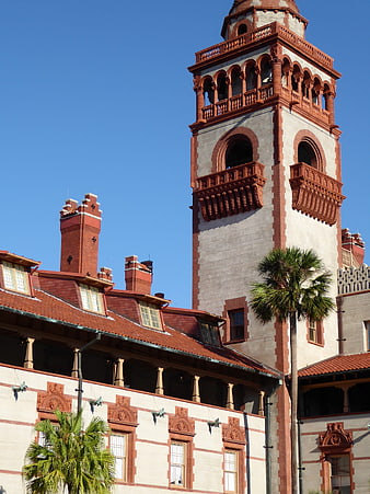 Historic red brick tower and Spanish colonial architecture