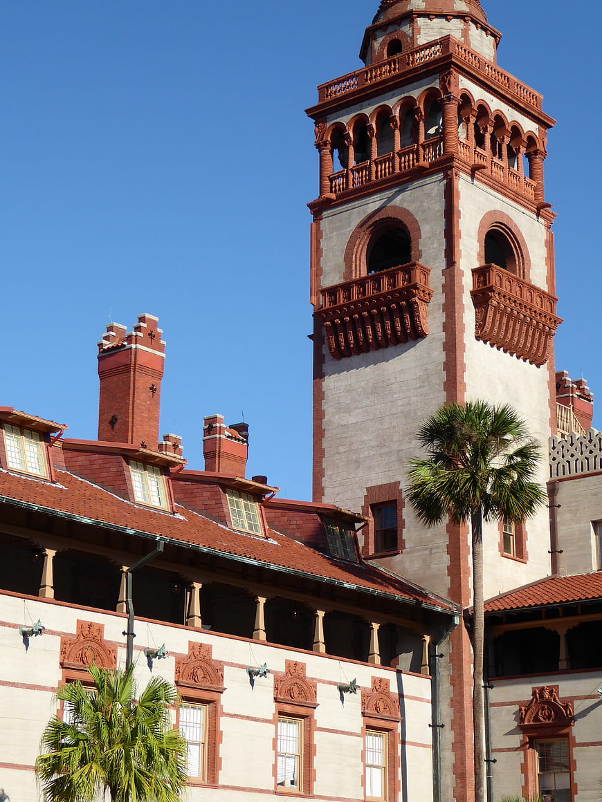 Historic red brick tower and Spanish colonial architecture