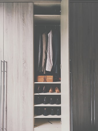 Open modern wardrobe with hanging clothes and organized shoes