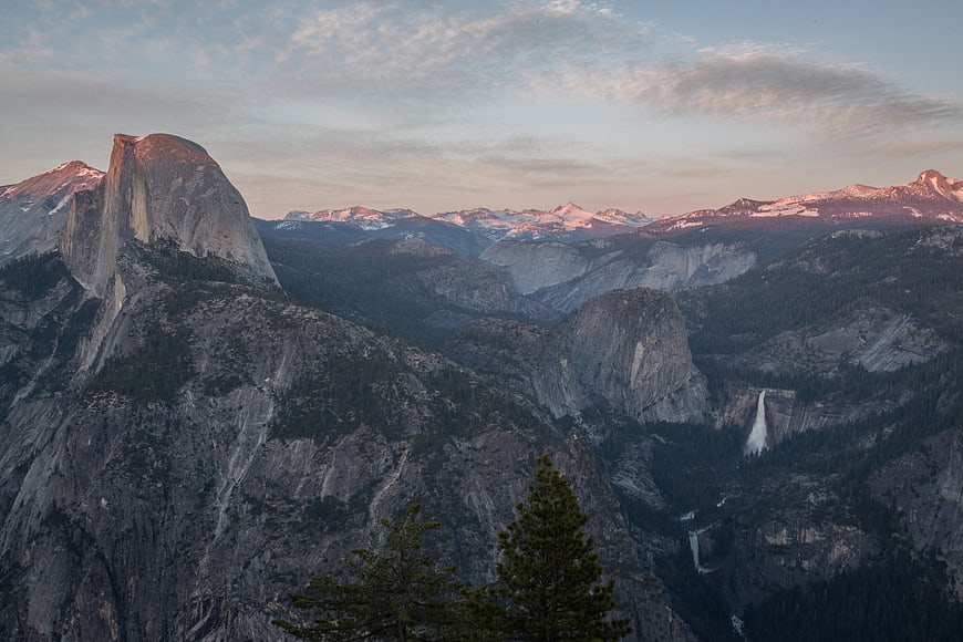 Half Dome and Yosemite Falls at Sunset