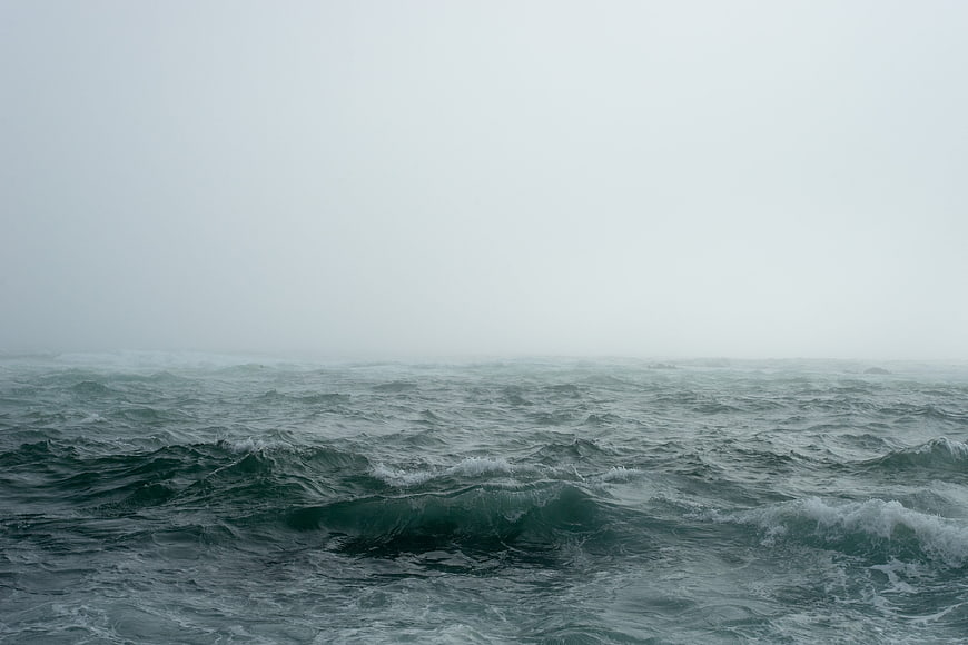Stormy Ocean Waves in Thick Foggy Mist