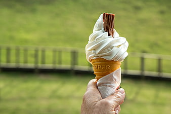 Hand Holding Vanilla Soft Serve Ice Cream Cone Outdoors