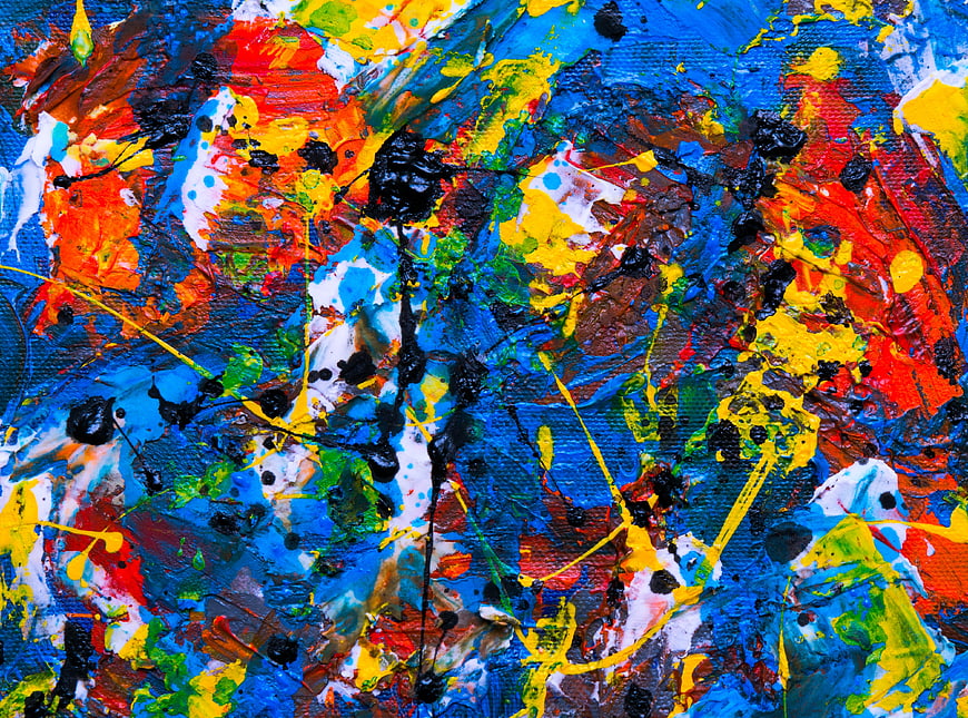 Abstract colorful oil painting with thick impasto texture and splatter