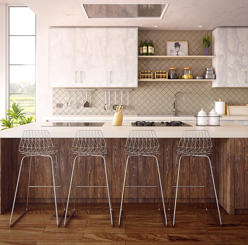 Modern Kitchen Interior with Wooden Island and Wire Stools