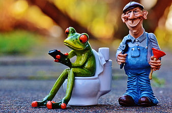 Funny frog figurine on toilet with plumber gnome
