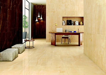 Luxury Home Office Interior With Marble Flooring And Wooden Desk