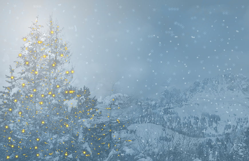 Magical Christmas Tree in Snowy Mountain Landscape