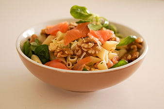 Healthy Pasta Salad with Salmon, Spinach, and Walnuts