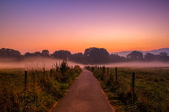 Misty Country Path at Sunrise with Vibrant Orange and Purple Sky