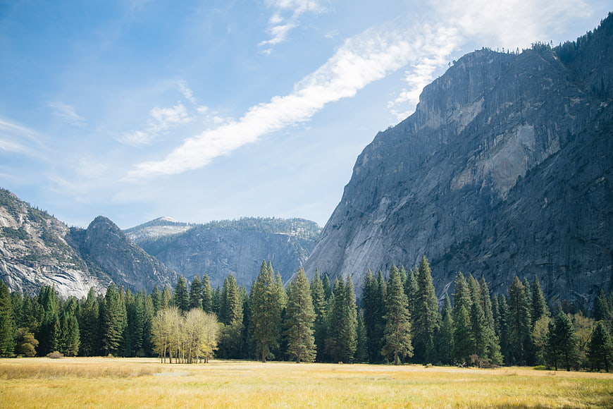 Golden Valley Meadow with Towering Granite Mountains and Pine Forest