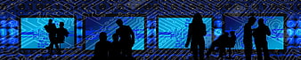 Silhouettes of people on digital circuit board background