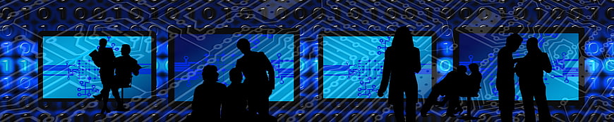 Silhouettes of people on digital circuit board background