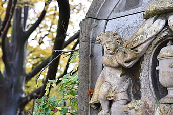 Weathered Stone Angel Statue in Autumn Cemetery