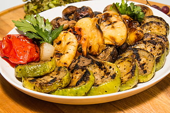 Grilled Vegetable Platter With Zucchini, Mushrooms, And Shrimp