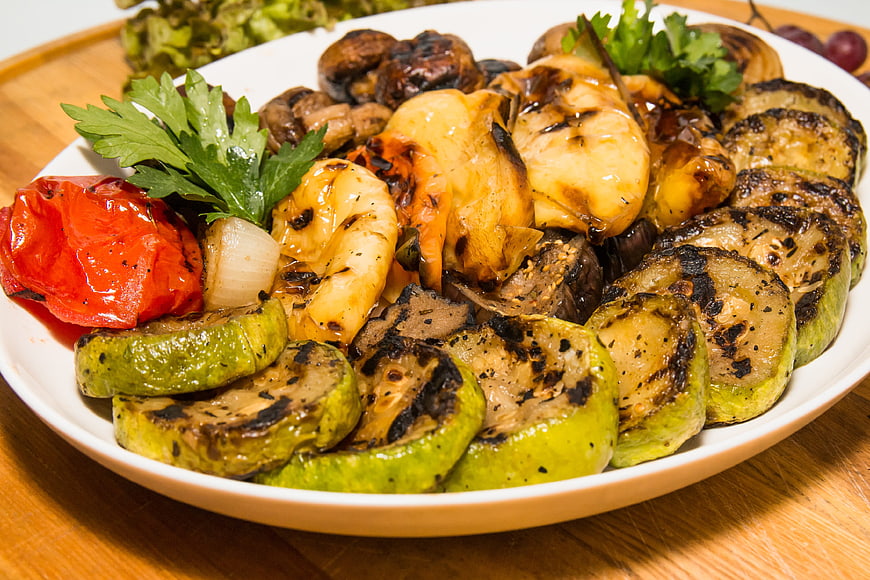 Grilled Vegetable Platter With Zucchini, Mushrooms, And Shrimp
