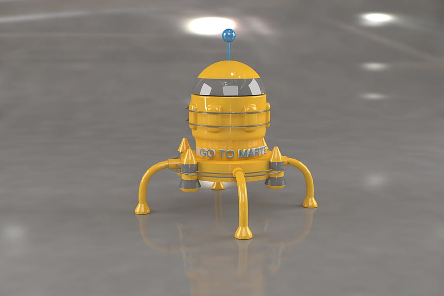 Yellow 3D Cartoon Space Lander Model With Go To Mars Text