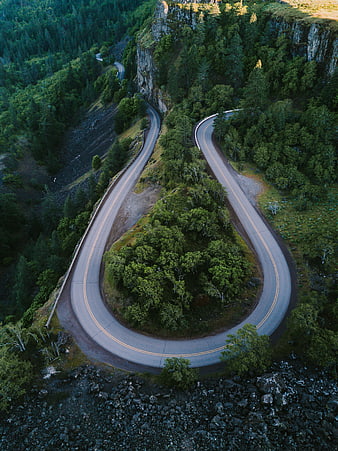 Aerial View of Winding Mountain Road Through Forest