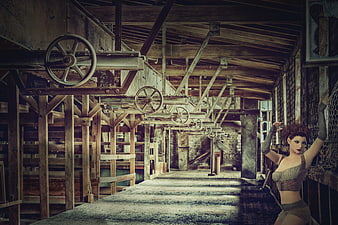 3D Render of Woman in Abandoned Industrial Factory Interior