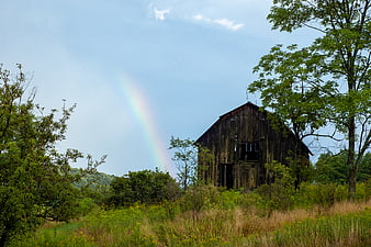 Old weathered wooden barn with rainbow in rural landscape