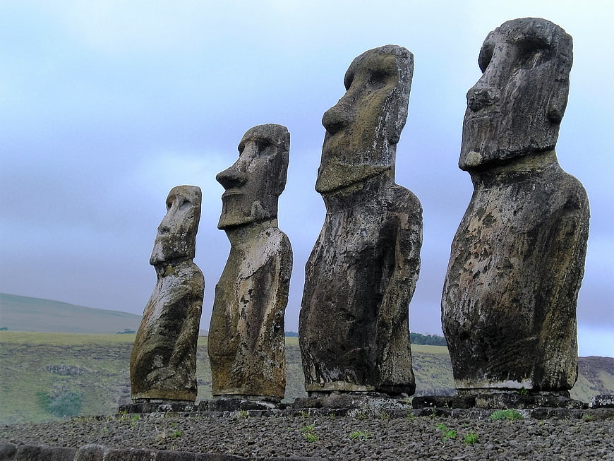 Four Moai Statues on Easter Island Under Overcast Sky