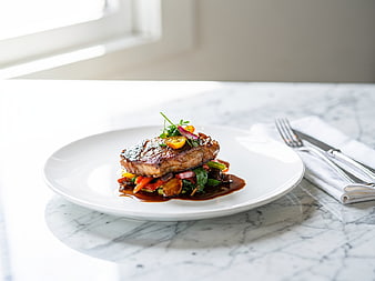Gourmet Grilled Steak with Vegetables on White Plate