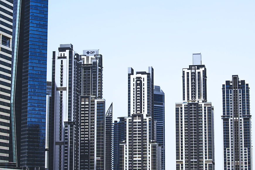 Dubai Modern Skyscrapers Against Clear Blue Sky