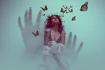 Surreal Portrait of Woman with Butterflies and Hand Shadows