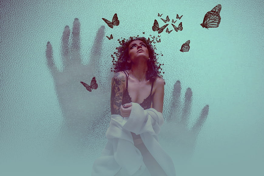 Surreal Portrait of Woman with Butterflies and Hand Shadows