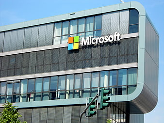 Microsoft Office Building Facade with Logo and Glass Windows