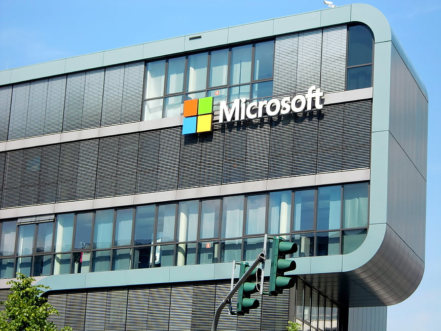 Microsoft Office Building Facade with Logo and Glass Windows